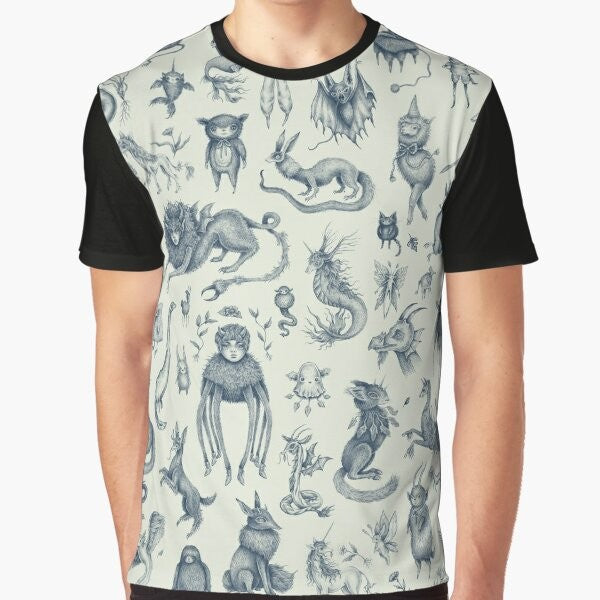 Graphic t-shirt featuring pastel-colored illustrations of mythical creatures like nessie, bigfoot, and dragons