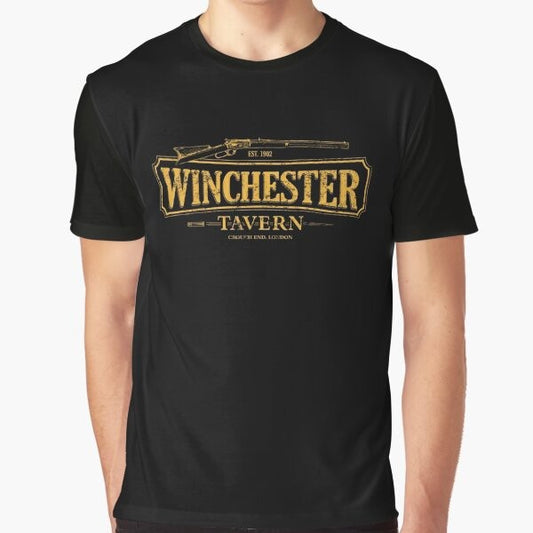 Winchester Tavern Shaun Of The Dead Graphic T-Shirt featuring the iconic movie characters and a zombie attack scene