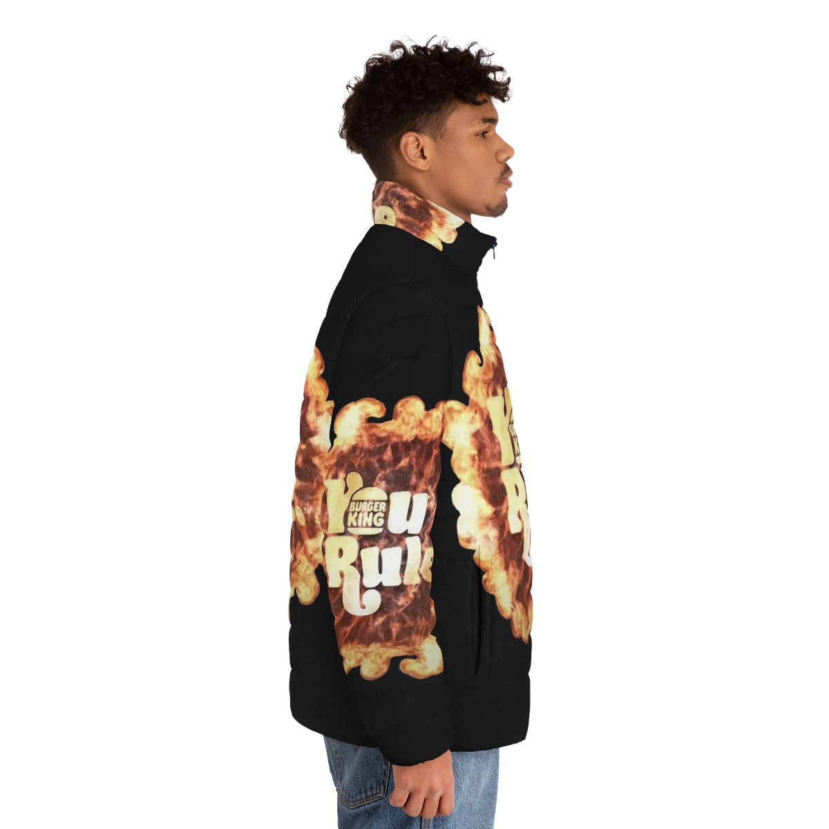 A stylish puffer jacket featuring the "You Rule" Burger King inspired design - men side right