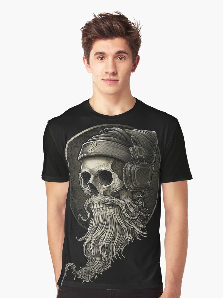 Vintage Viking skull beard with headphone graphic printed on a t-shirt - Men