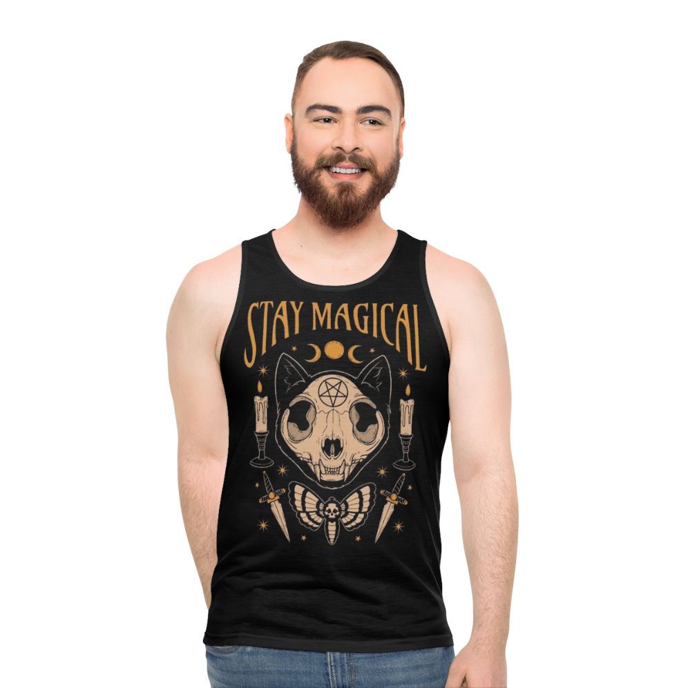 Unisex tank top with magical occult designs featuring a cat skeleton and death moth - men