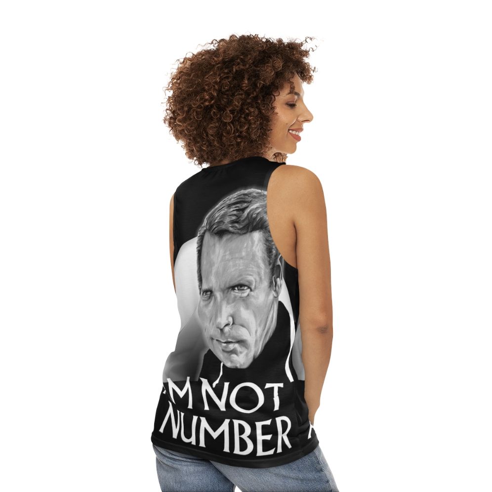 Unisex "I Am Not a Number" Tank Top from The Prisoner TV Show - women back