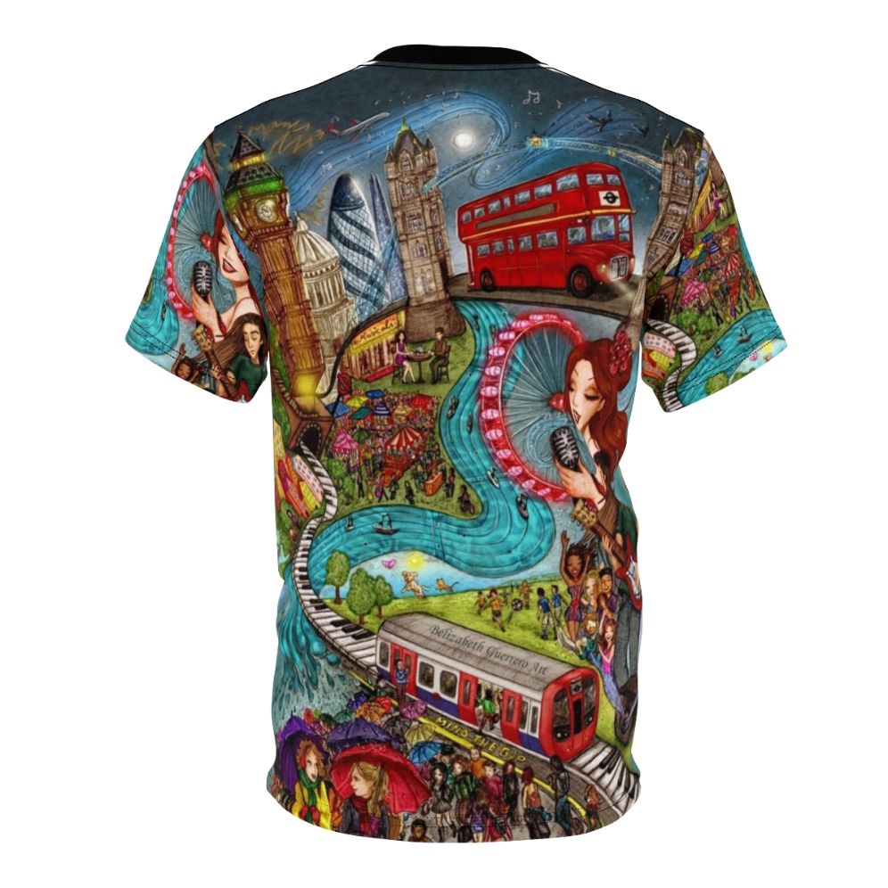 Customizable t-shirt featuring a bold urban design capturing the diverse sounds of London - Back