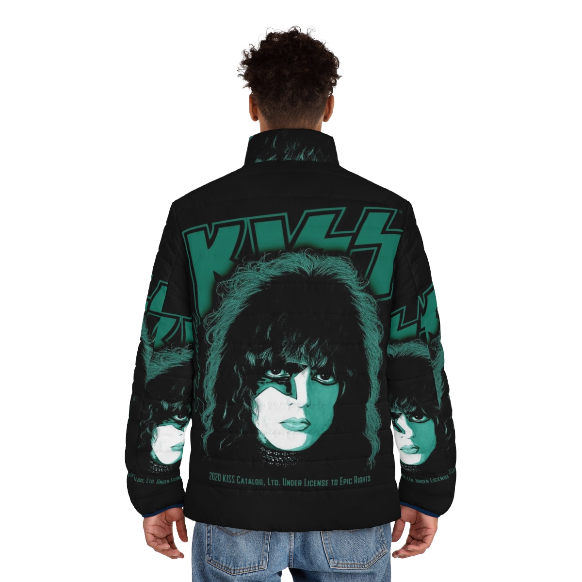 The Starchild Kiss Rock Band Puffer Jacket with focus keyword "kiss puffer jacket" - men back