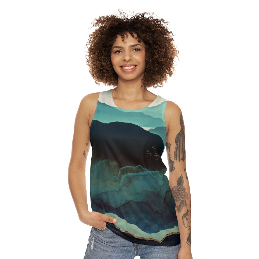 Unisex watercolor tank top with mountain landscape design - women