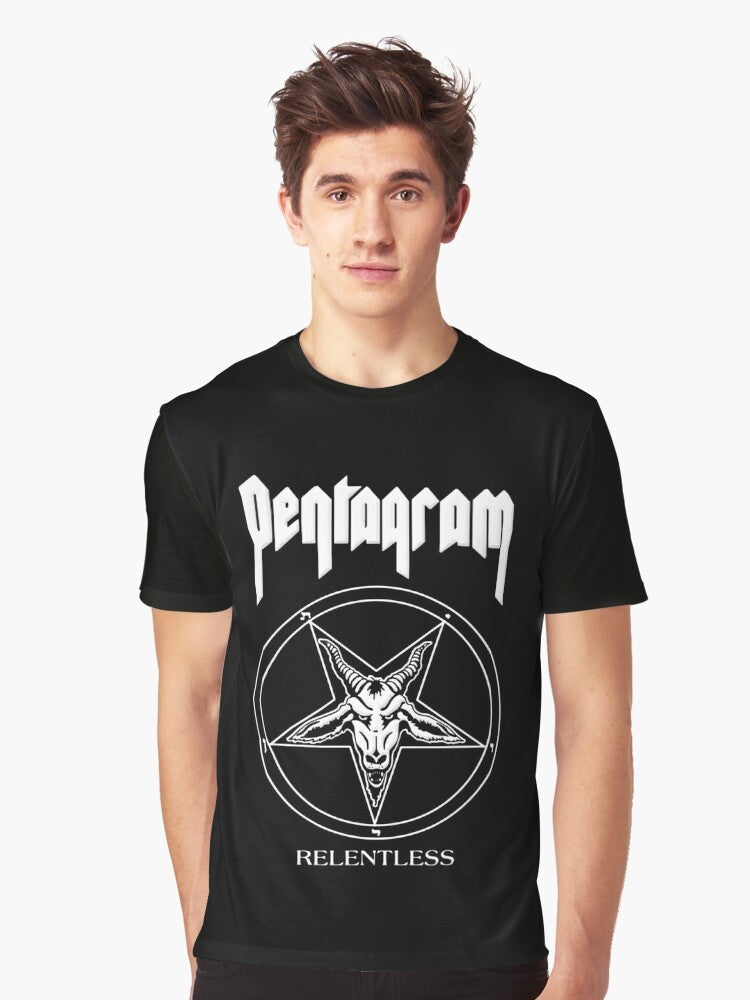 Pentagram "Relentless" graphic t-shirt featuring the iconic pentagram logo and band name, perfect for heavy metal and doom metal fans. - Men