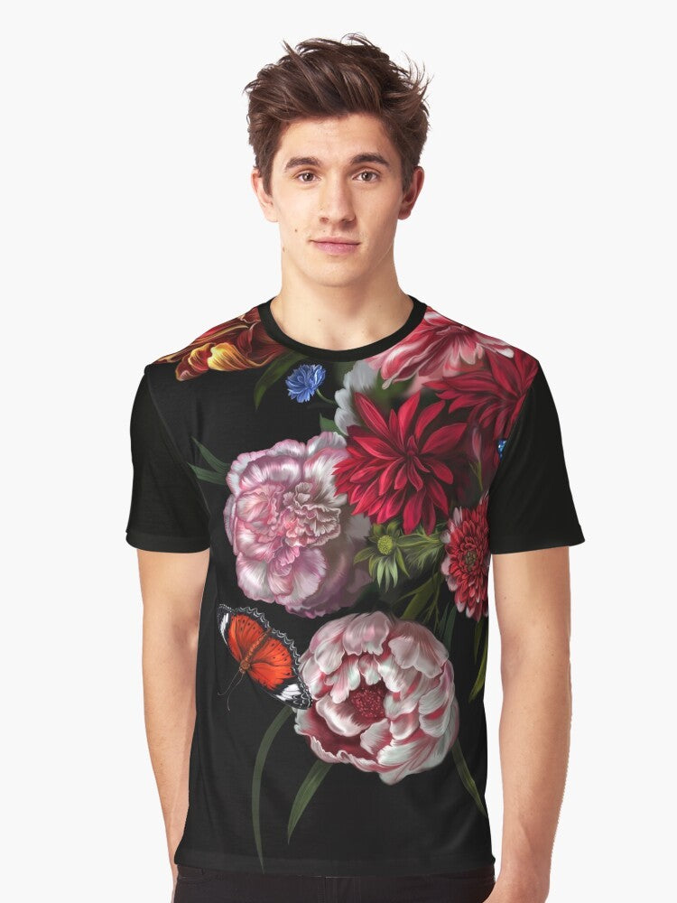 Surreal graphic tee with a glitched, floral paradise design - Men