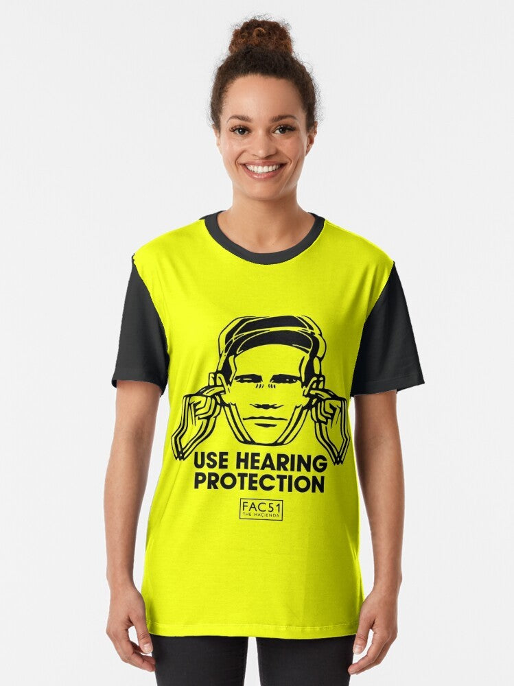 Hearing protection graphic t-shirt with "Use Hearing Protection" text and industrial/indie design - Women