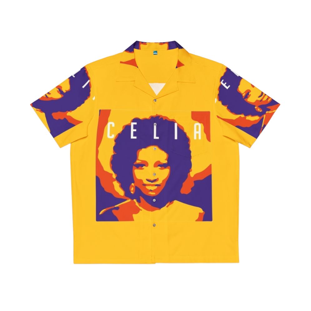 Celia Cruz inspired Hawaiian-style shirt with vibrant tropical colors and patterns