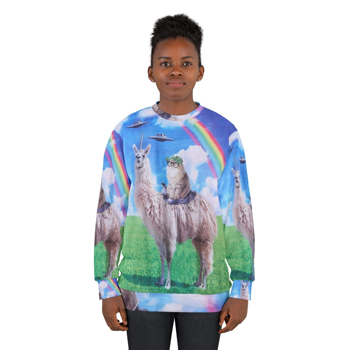 Cosmic cat riding llama unicorn rainbow UFO graphic sweatshirt - women