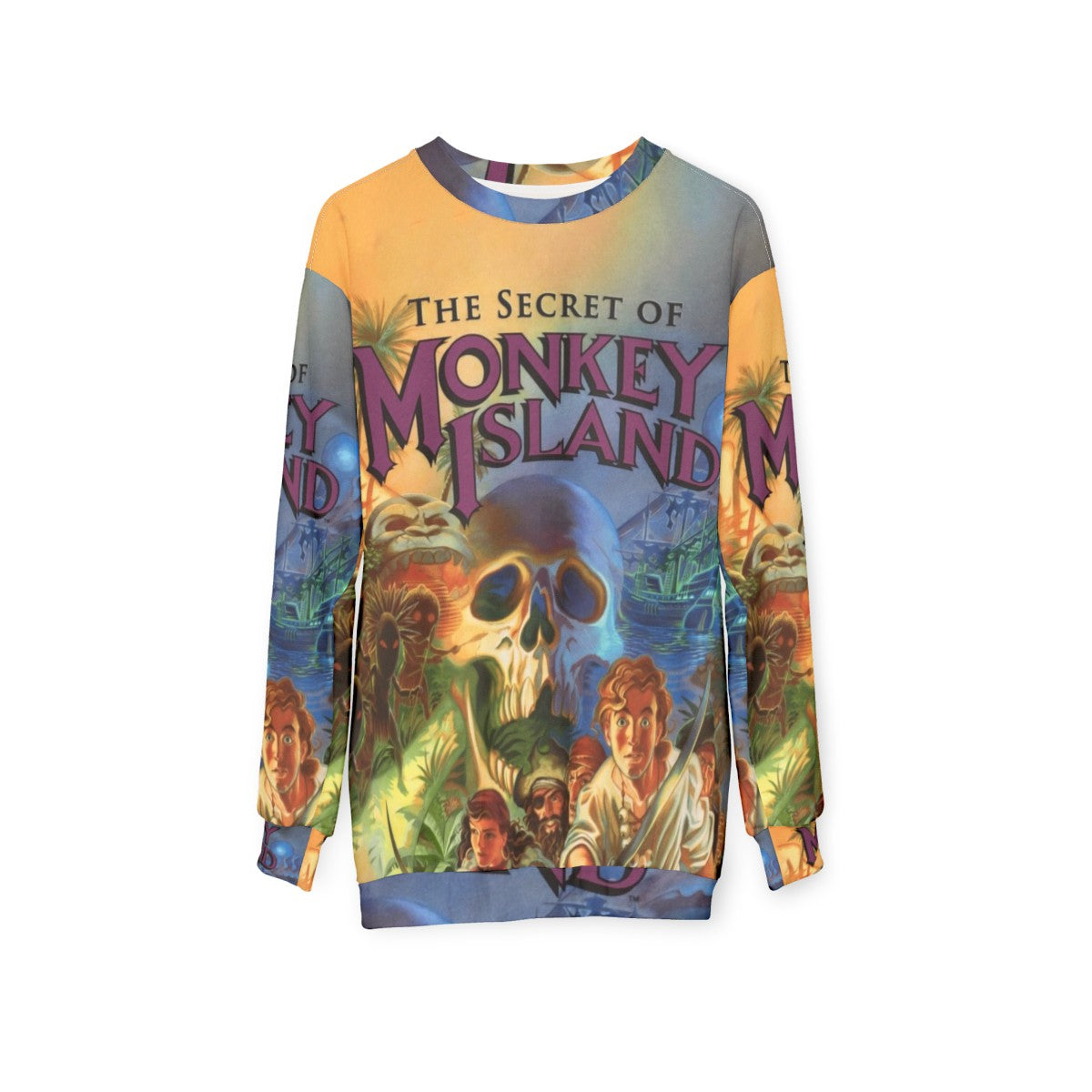 Retro Monkey Island Sweatshirt featuring Guybrush Threepwood and the iconic Three-Headed Monkey - hanging