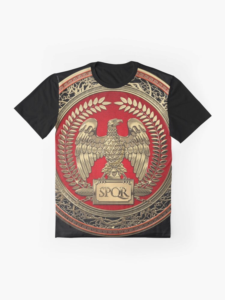 Gold Roman Imperial Eagle over Black Leather Graphic T-Shirt - Flat lay