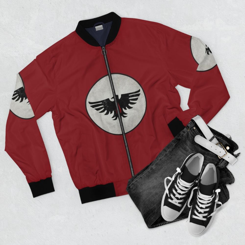 Blood Ravens Space Marine Bomber Jacket featuring the iconic chapter insignia and shoulder pauldron design - Flat lay