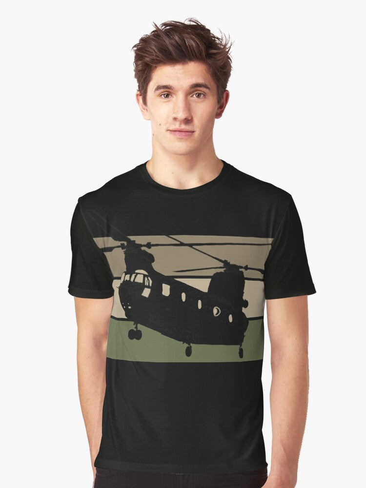 A black t-shirt featuring a graphic design of the Chinook CH-47 military helicopter - Men