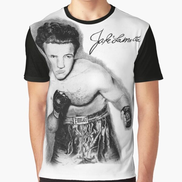 Raging Bull graphic t-shirt featuring a black and white sketch of boxer Jake LaMotta