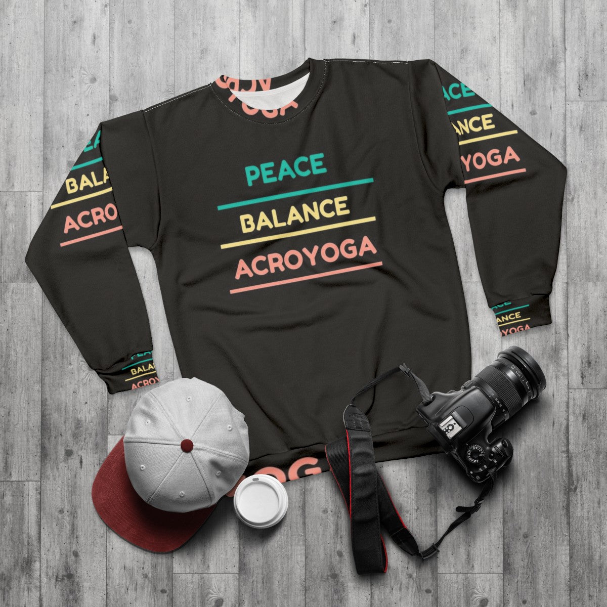 Acro yoga sweatshirt with peace, balance, and trust graphics - flat lay