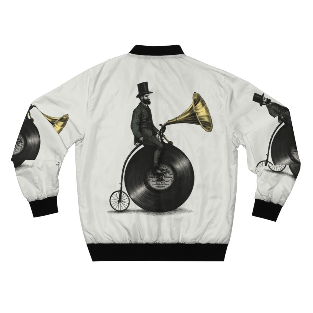 Vintage music-themed bomber jacket with retro bicycle and surreal illustration design - Back