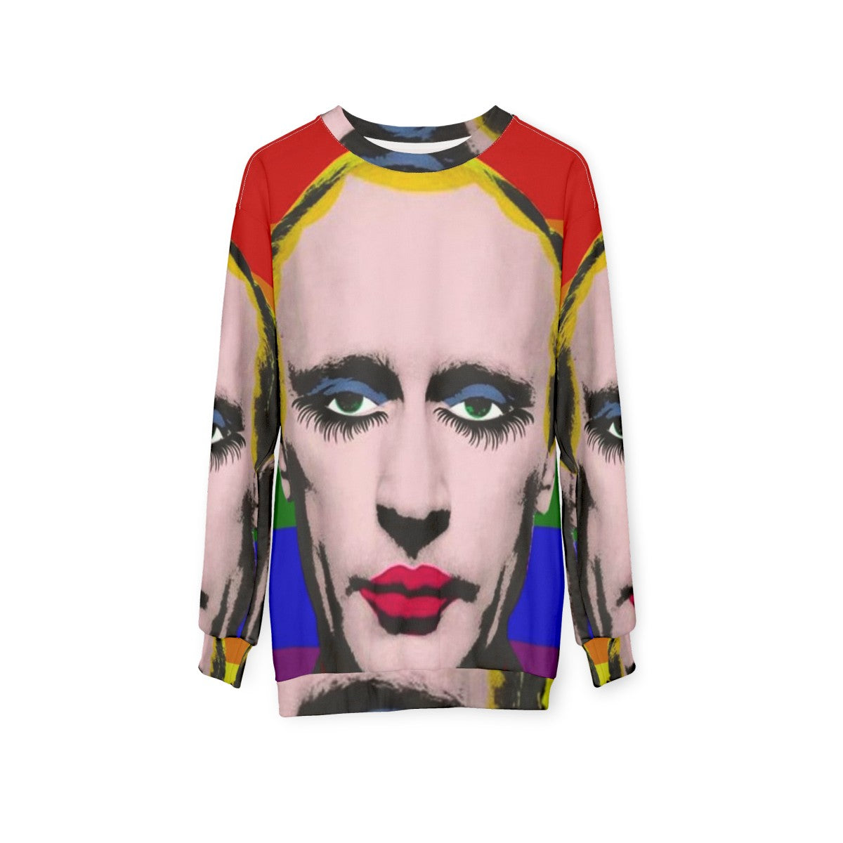 Gay Putin Pride Flag Sweatshirt featuring drag queen imagery as protest art - hanging