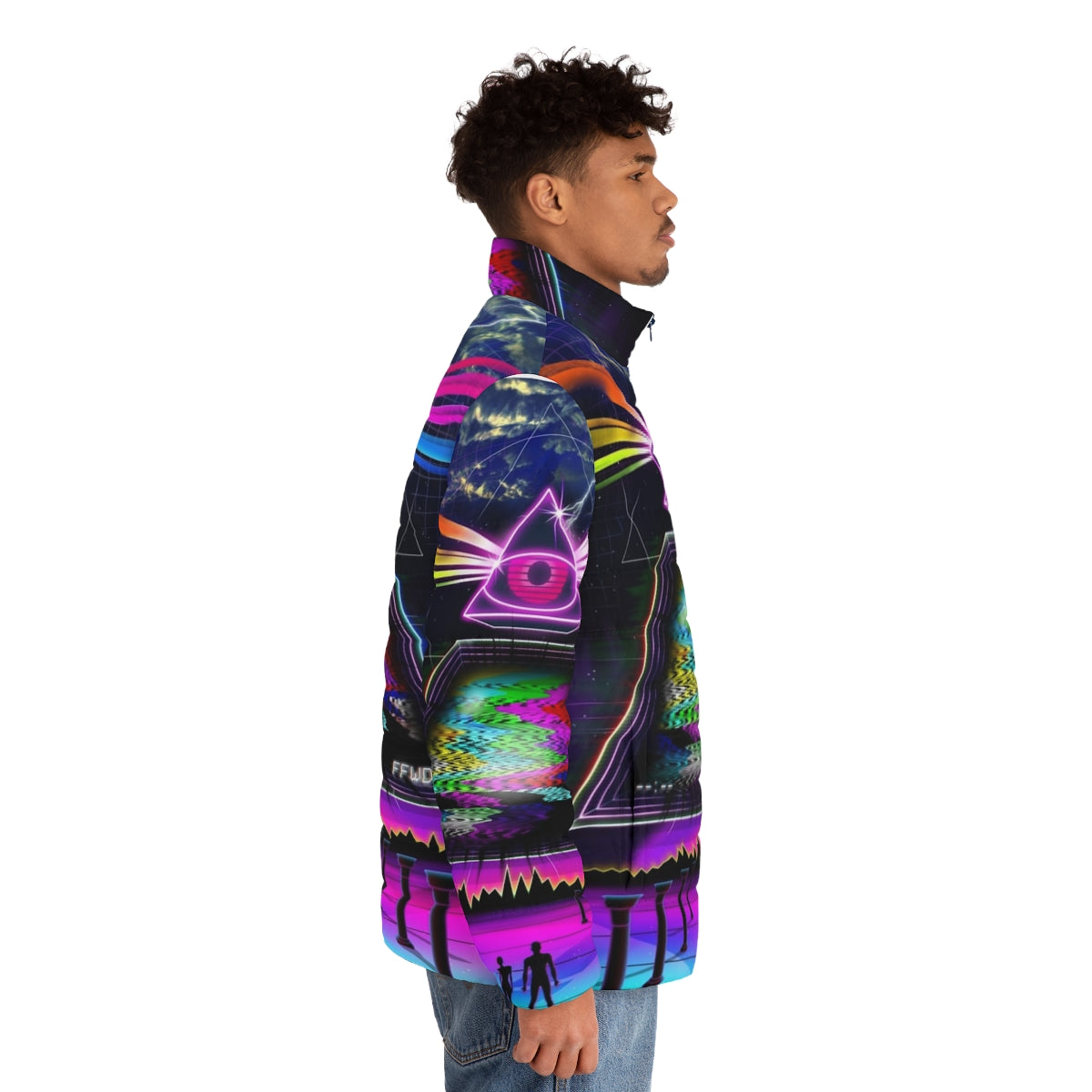 Retro 80s style puffer jacket with glitch and VHS aesthetic - men side right