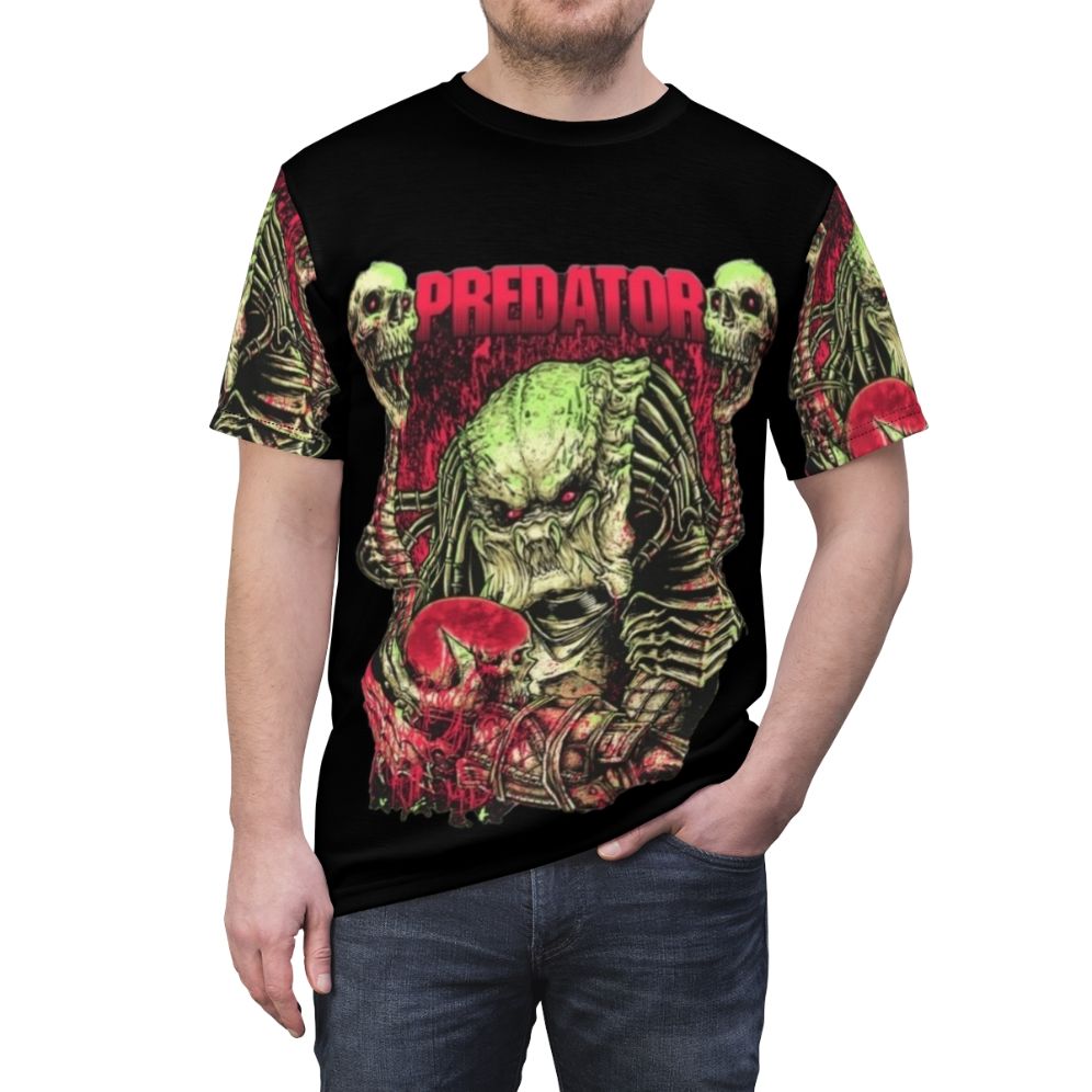 Predator art t-shirt with classic 80s horror movie inspired design - men front