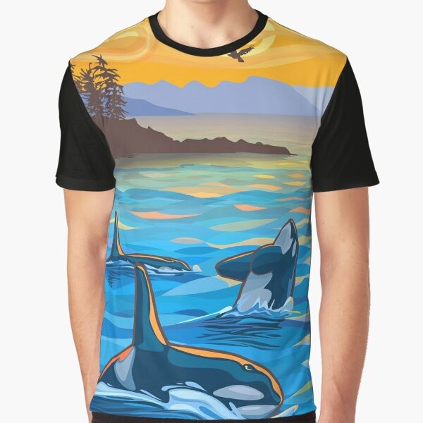 Graphic T-Shirt featuring orcas, killer whales, and dolphins in a vibrant Pacific Northwest art style