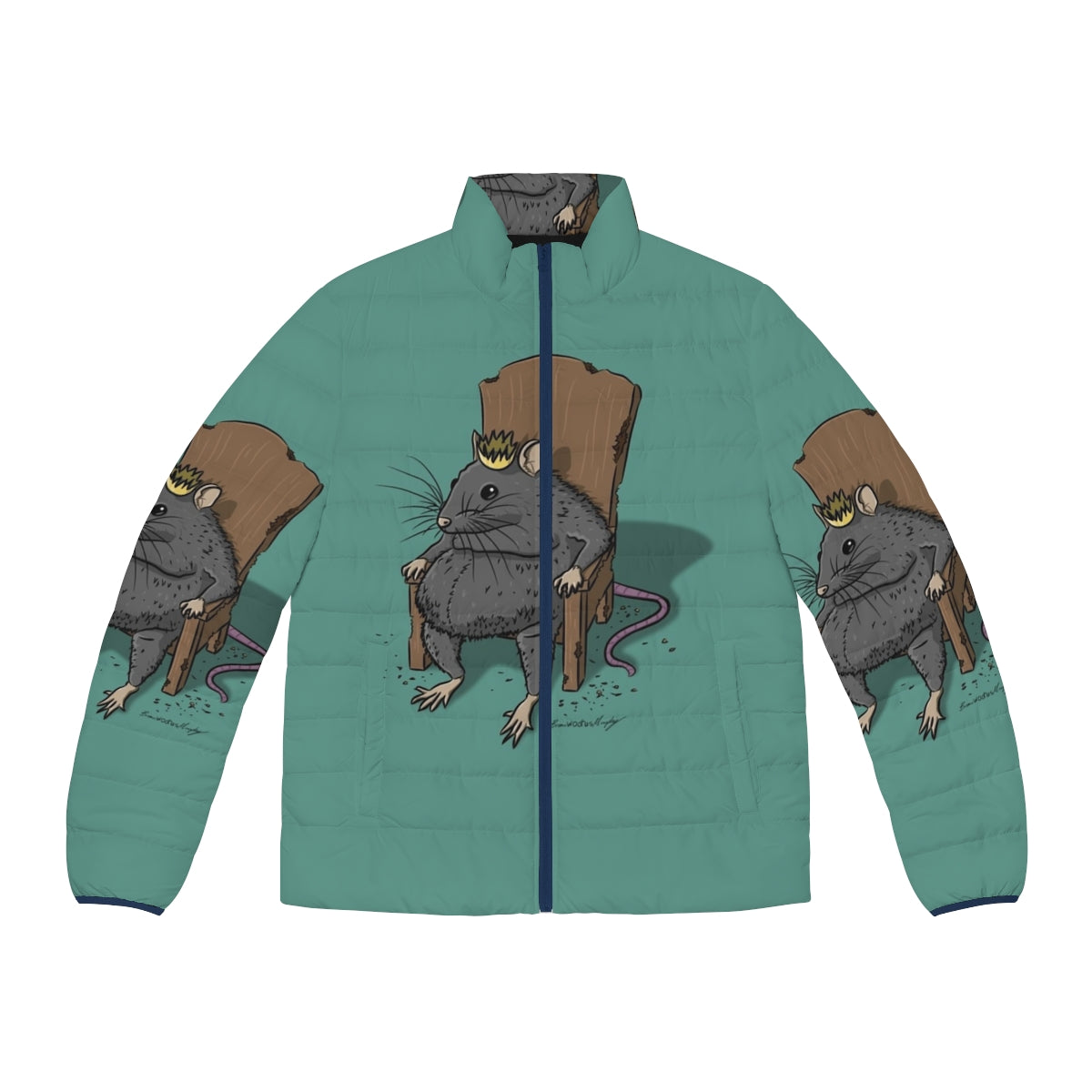 Colorful and abstract puffer jacket featuring a legendary rat design.