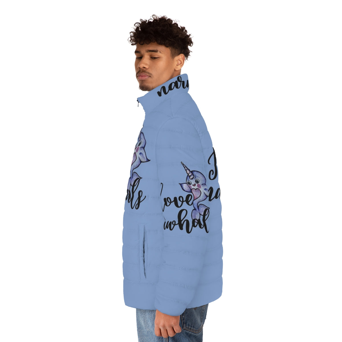 A purple puffer jacket with a cute narwhal design - men side left