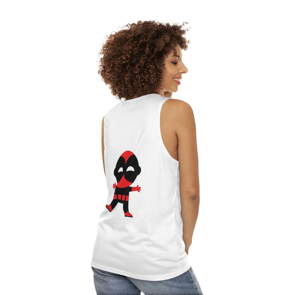 Cute baby superhero graphic on unisex superhero tank top - women back