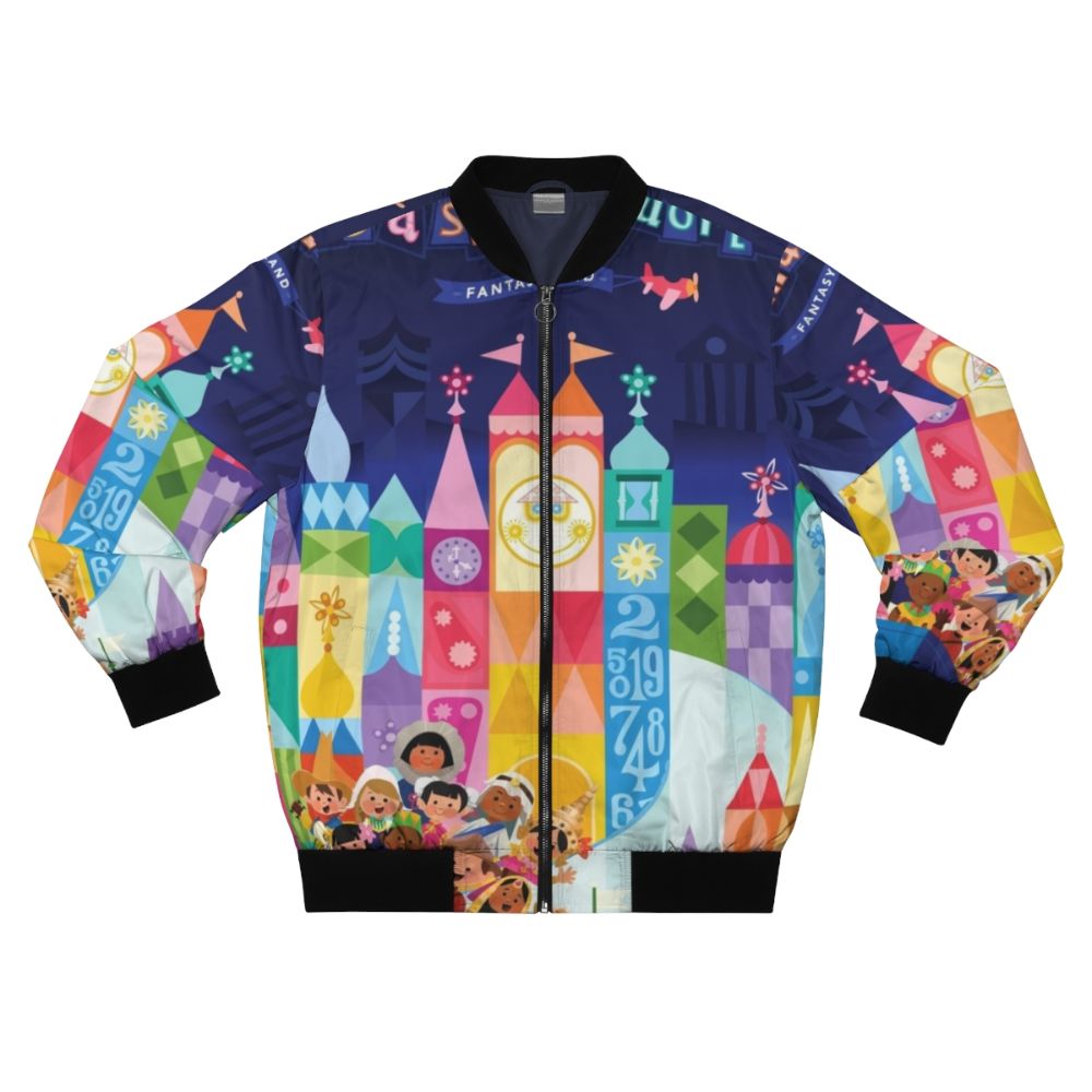 Colorful bomber jacket featuring a whimsical small world fantasyland design with children, boats, and a magical, dreamlike landscape.