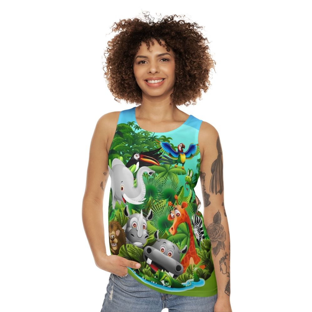 Unisex tank top with jungle-themed animal print design - women