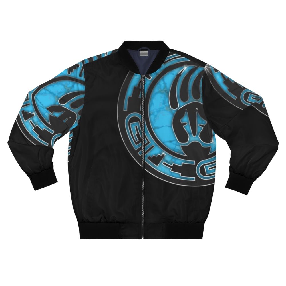 Hopi Native American bomber jacket with turquoise and cultural intertribal design