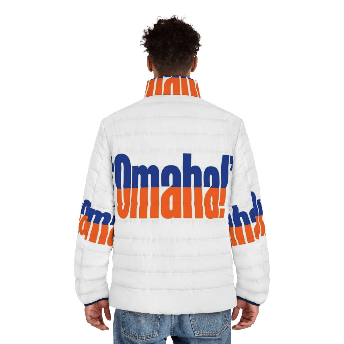 Man wearing a blue and orange puffer jacket with the Denver Broncos logo - men back