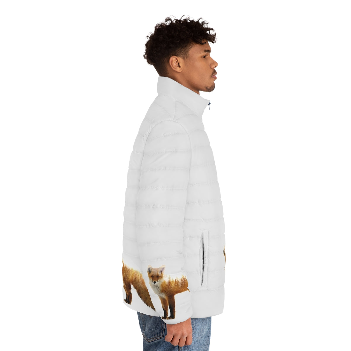 A puffer jacket featuring a double exposure design of a majestic forest fox - men side right