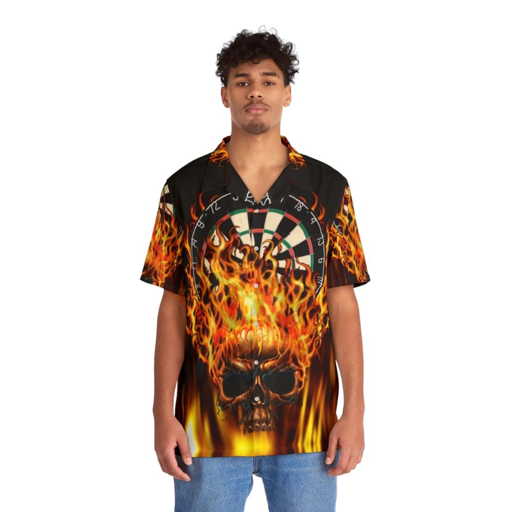 Flaming skull dartboard Hawaiian shirt with fire print and skull design - People Front