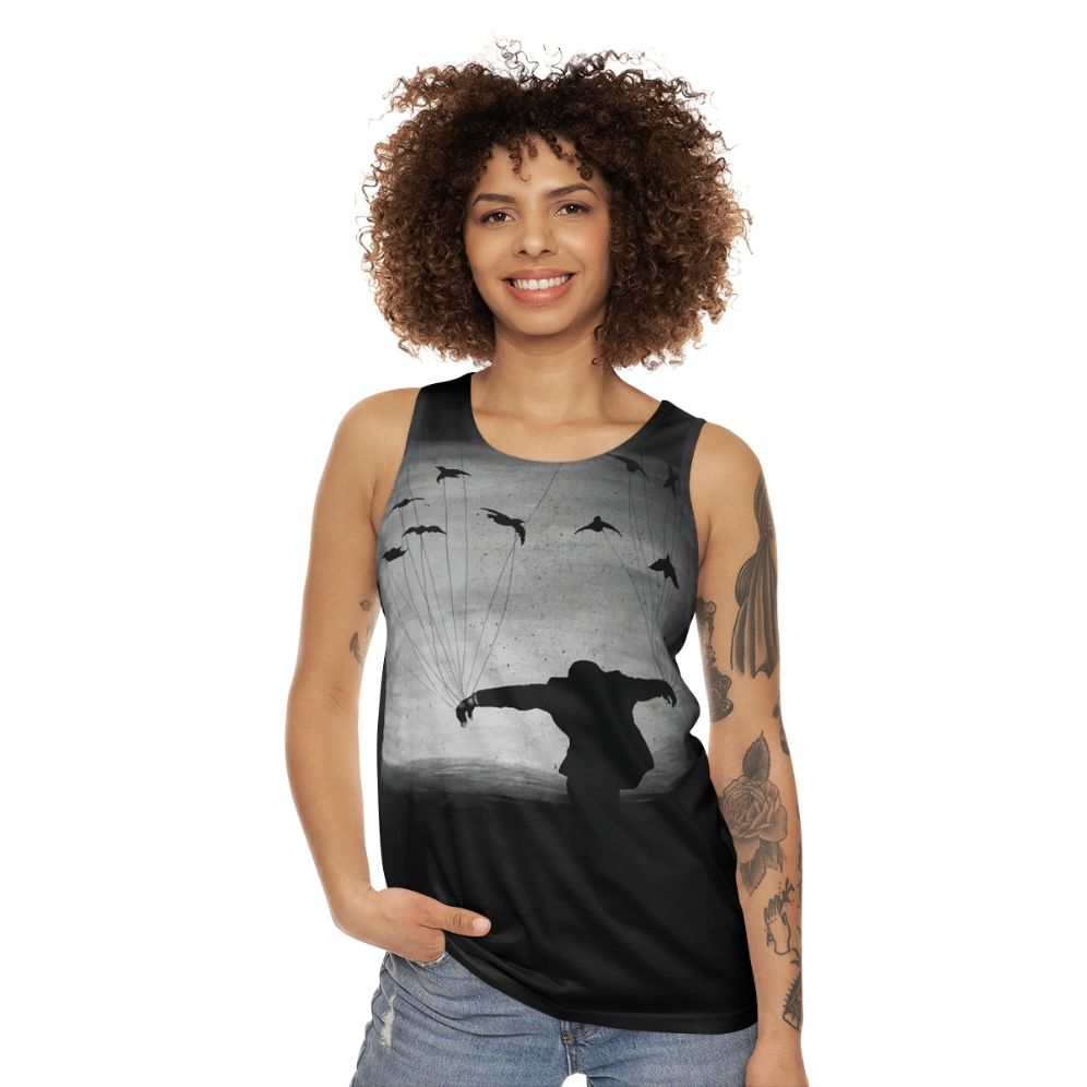 Man In Flight With Ravens Unisex Tank Top - women