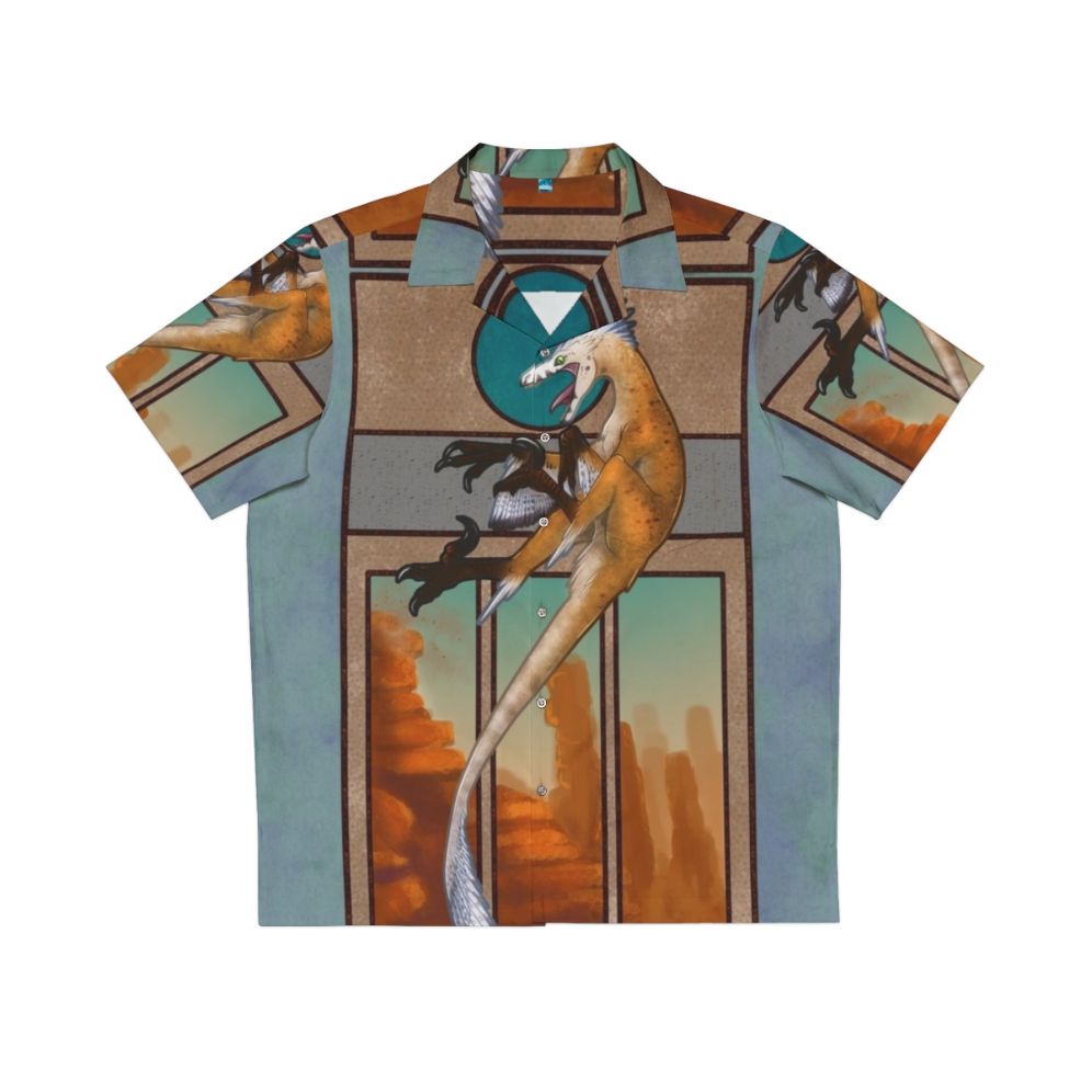 Velociraptor Nouveau Hawaiian Shirt featuring a feathered dinosaur design