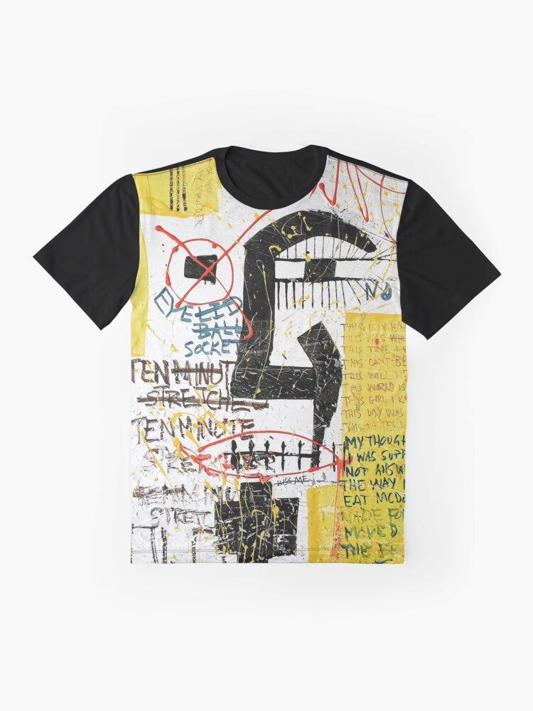 Alive abstract neo expressionist graphic t-shirt with face, sun, and eyeball doodle design - Flat lay