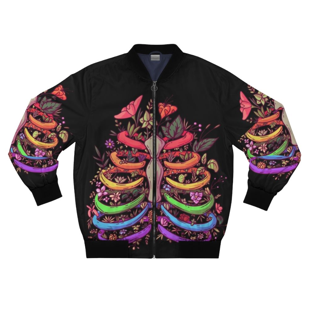 Colorful flower rib bomber jacket with LGBT pride flag design