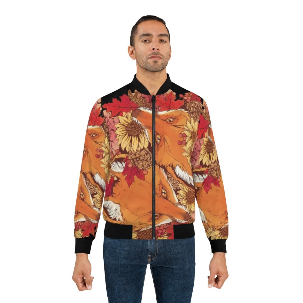 Autumn Fox Bloom Bomber Jacket with sunflowers and pinecones - Lifestyle