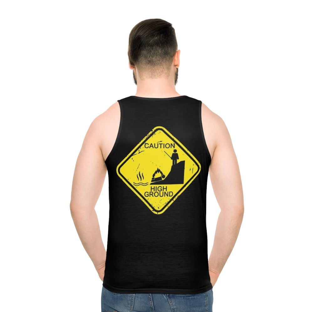 Unisex tank top with 'Caution High Ground' stick figure design - men back