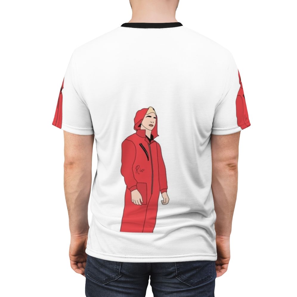 Illustration of Money Heist character Rio on a t-shirt - men back