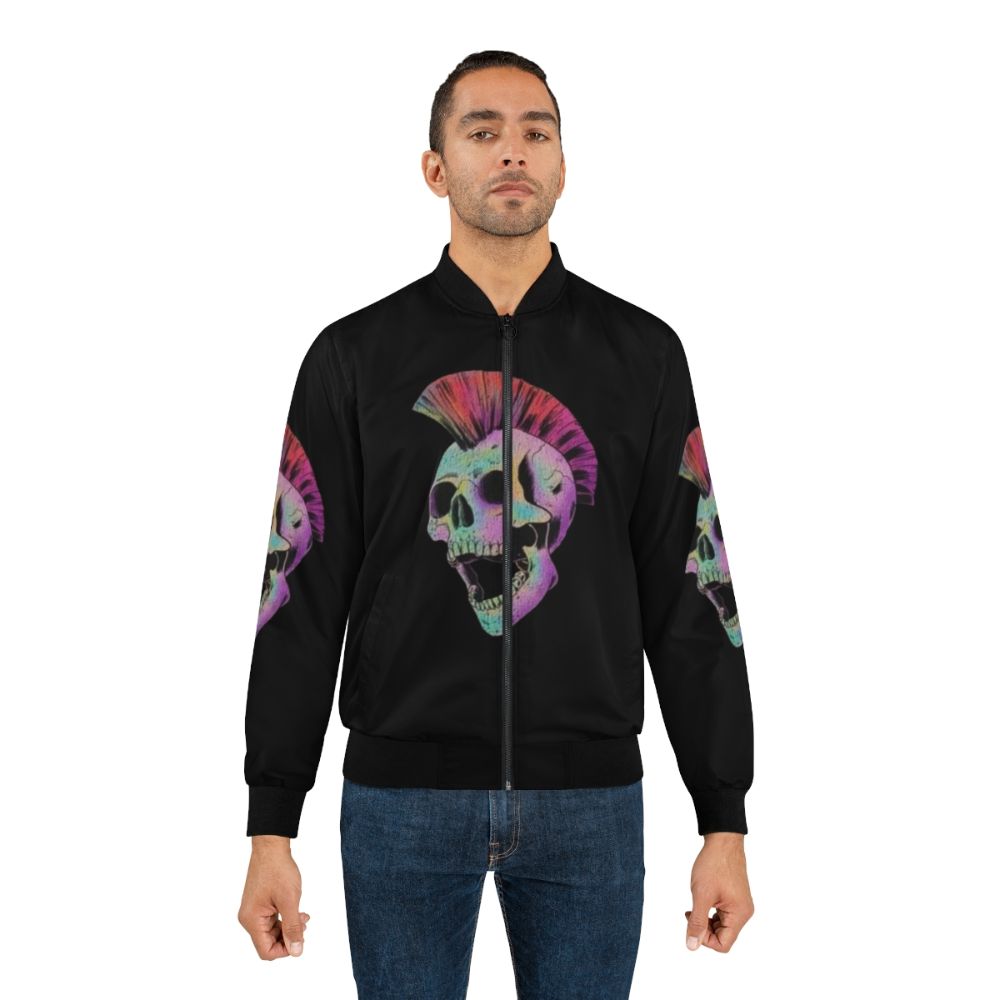 Mohawk Skull Bomber Jacket in black with colorful skull graphic - Lifestyle