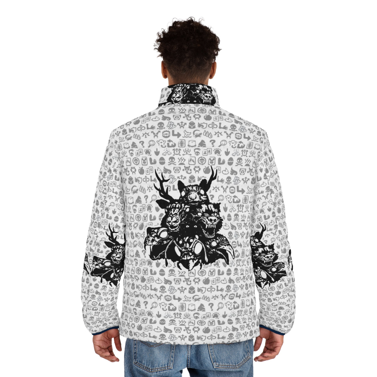 Puffer jacket with totemic animal sigils design - men back