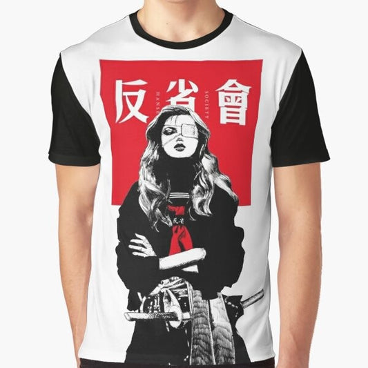 Cyberpunk Japanese urban style graphic t-shirt featuring a samurai girl in a futuristic, vaporwave-inspired design