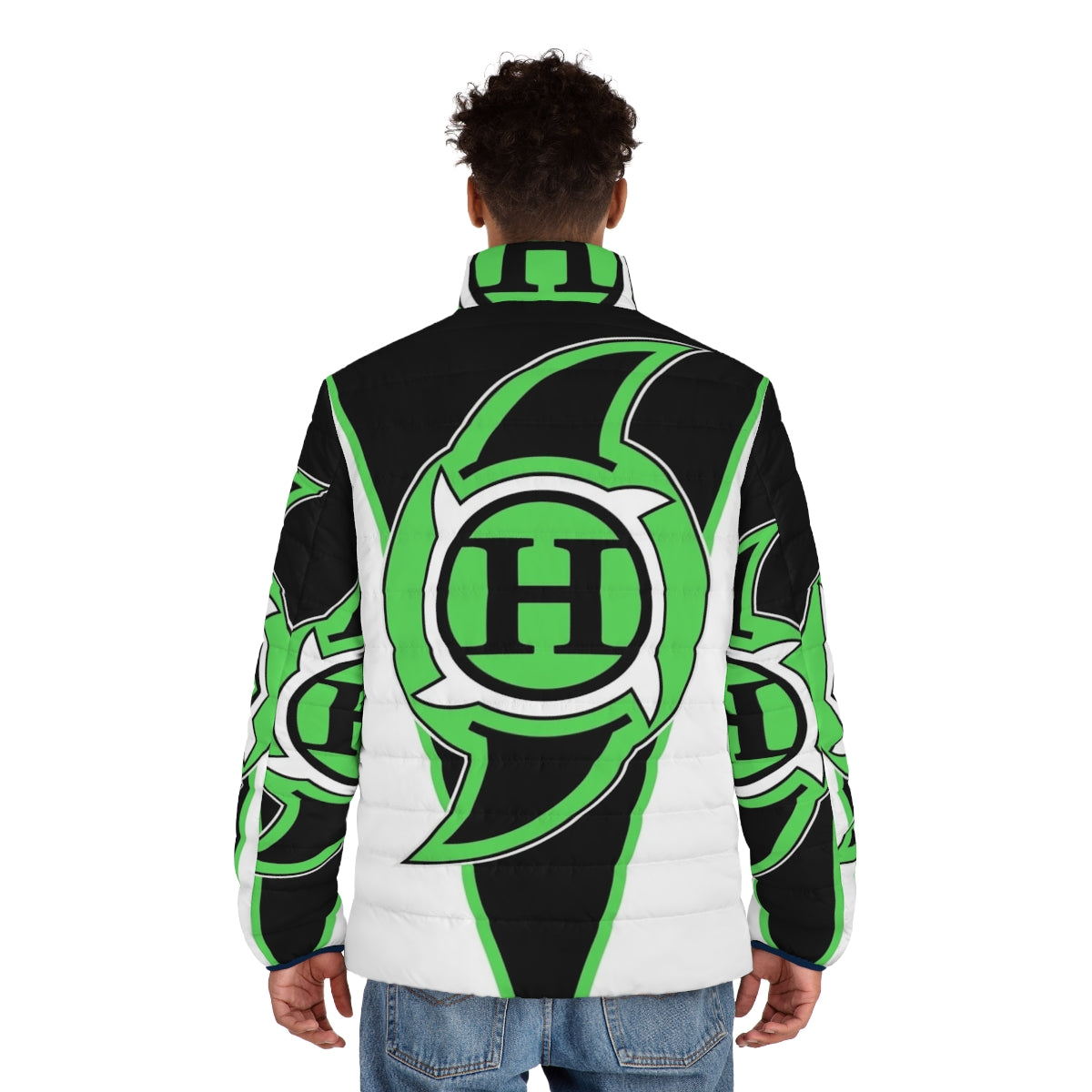 Blue Hurricane Puffer Jacket with Wrestler and Wrestling Inspired Graphic - men back