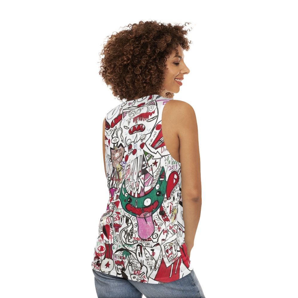 Psychedelic unisex tank top with morph, anime, and funky art design - women back