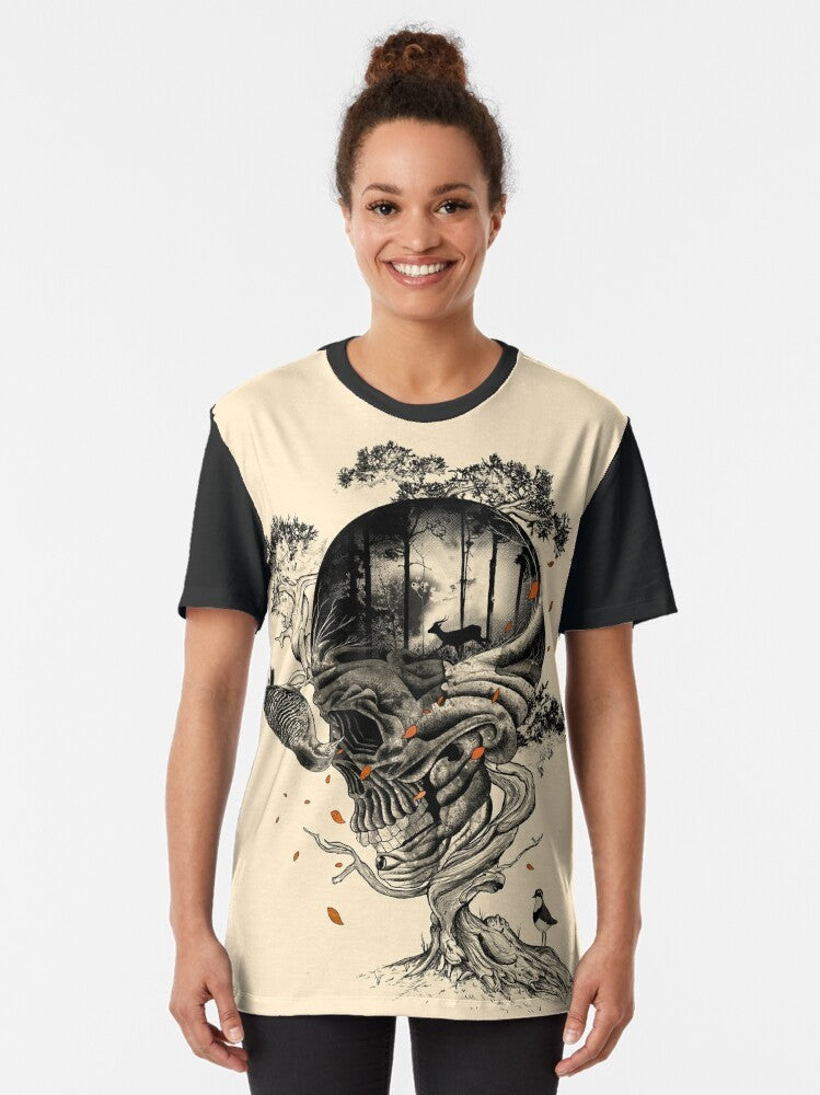 Lost Translation graphic t-shirt featuring a surrealist design with a skull, flora, deer, and other nature elements in black, white, and red. - Women