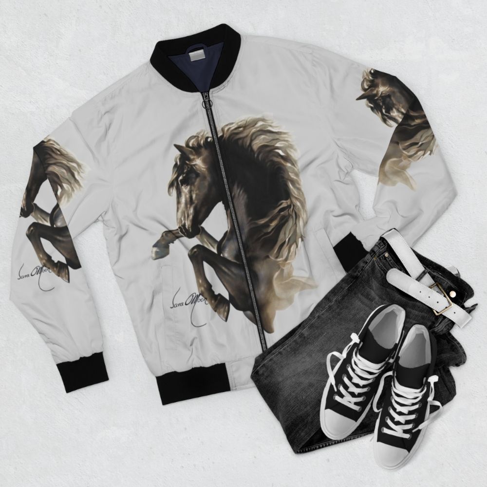 Black bomber jacket with horse and stud design - Flat lay