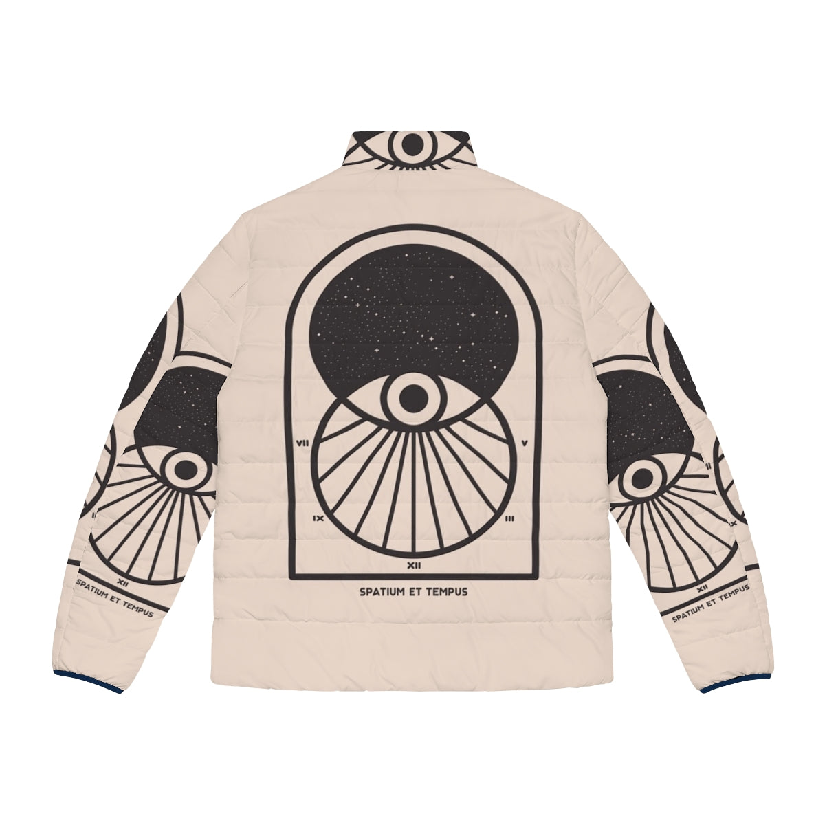 Futuristic space and time puffer jacket with minimalist art design - Back