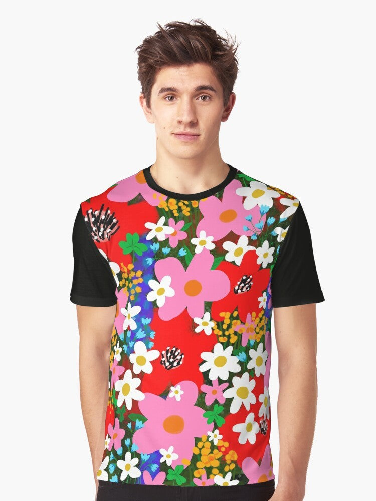 Colorful floral graphic design with flowers, daisies, and 1960s/1970s "flower power" style on a t-shirt. - Men